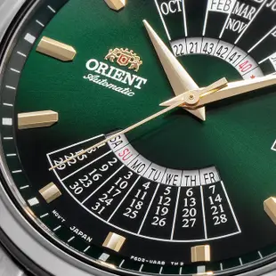 【ORIENT 東方錶】RA-BA0002E 日期星期顯示 萬年曆 鋼錶帶 機械男錶 綠/銀 43.5mm 台南時代鐘錶