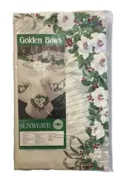 Vintage USA Sunweave Golden Bells Christmas Tablecloth 60 x 84 Oval Floral Berry