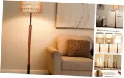 Boho Floor Lamp: 3-Way Dimmable Rattan Floor Lamp, Wood Floor Lamp with Rattan