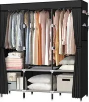 Portable Wardrobe, 61-Inch with 3 Hanging Rods and 6 Storage Shelves, Non-Wov...