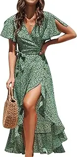 [BerryGo] Women's Boho V Neck Ruffle Floral Wrap Maxi Dress