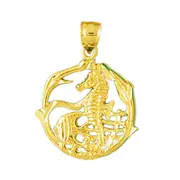 14K Gold Seahorse with Angelfish Accent Pendant