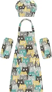 AIXIWAWA Kids Apron Chef Hat Set, Child Kitchen Bib Aprons Adjustable for Cooking Baking Painting (Seamless Cat Faces)