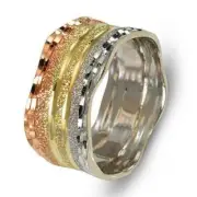 Wedding Ring Jewish Band In 14K Tri Color Gold Multi-Textured Solid Jewelry