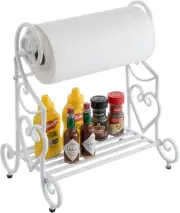 Freestanding White Metal Paper Towel Holder Stand and Condiment Shelf Rack