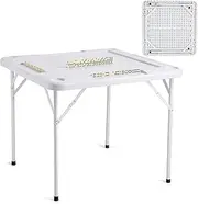 VEVOR Mahjong Table, Square 4 Player Folding Card Table with 4 Cup Holders & 4 Chip Trays, Portable Domino Game Table with 1 Set of Dominoes for Mahjong Poker Puzzles, 90 x 90-inch, White