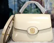 NWT TORY BURCH Small Robinson Spazzolato Leather Top-Handle Bag LIGHT CREAM/Gold
