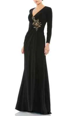 Mac Duggal Black Embellished Long Sleeve Jersey Gown Size 8 $398