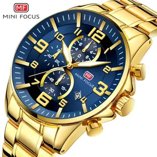 熱銷 手錶腕錶MINI FOCUS黃金手錶 大錶盤男錶中東爆款夜光防水鋼帶男手錶0278G