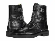 STUART WEITZMAN COMBAT BOOTS JESSE LIFT STUDDED BUCKLE LEATHER NIB Sz 6.5 BLACK