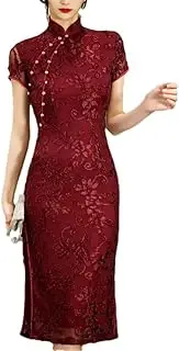 [Generic] Cheongsam Dress for Women Lace Female Chinese Dress Mandarin Collar Cheongsam Slim Split
