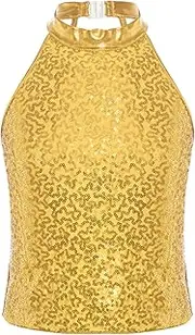 [Rswnyirn] Kids Girls Sequins Jazz Dance Crop Tops Halter Cheerleading Dance Costume
