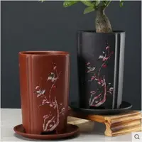 在飛比找樂天市場購物網優惠-紫砂花盆 現代中式 方形陶瓷花盆 帶托盤盆景 蘭花盆