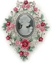 [Avalaya] Pink/Green Floral Cameo Brooch In Silver Tone - 70mm L, One Size, enamel, diamante