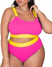 [ZINPRETTY] Plus Size High Waisted Bikini Set Womens Swimsuit Cheeky Two Piece Sports Color Block Bathing Suit Large Bust