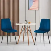 BRIBRION 2x Blue Upholstered Velvet Dining Chair and Table Set Black Metal Legs For Living Dinning room Cafe Office Kitchen Fabric