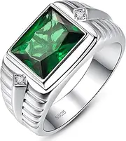 Yaresul 5.3ct 8X10mm Rectangle Cut Emerald for Men Green Stone Ring for Men Paved White Cubic Zirconia 925 Sterling Silver Rings for Men Wedding Ring Engagement 11mm Bands Mens Gemstone Ring Size 6-12