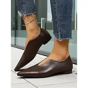 Women's Brown Faux Leather Pointed Toe Flats – Minimalist V-Cut Slip-On Loafers, Elegant Business Casual and Everyday Office Wear
