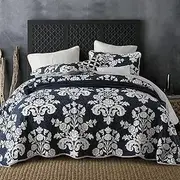 Luxury Quilted 100% Cotton Bedspread Coverlet Set Quilt Queen King Size Bed 230x250cm Damask Navy Flower