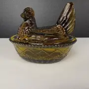 VTG Amber Glass Hen on Nest Dish, 5.5" Covered Bowl, Trinket dish Farmhouse