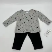 Nordstrom Baby Two Piece Printed Top & Pants Grey Winter Black Set Size 6M NWT