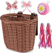 Kids Bike Basket - Front Handlebar Wicker Basket for Bicycle Accessories with Streamers and Bell - Perfect for Girls Ages 3-13 Riding Balance Bike or Scooter (7.9x6.3x6.3in)