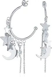 [Bling Jewelry] Big Large Celestial Crescent Moon Stars Dangling Charm Hoop Stud Earrings For Women Teen Rose Gold Tone Stainless Steel 2.5 Diameter