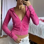 Long Sleeve Velvet Crop Hooded Zip Jacket Army Green - L