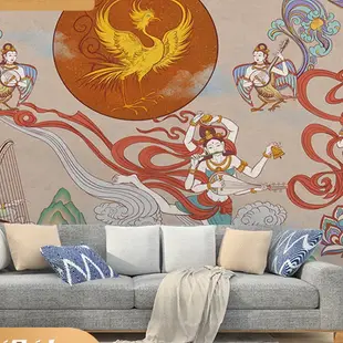 中式手繪復古敦煌飛天仕女人物壁紙客廳沙發電視背景墻紙無縫壁畫 綠水青山進圍城