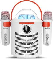 Kids Karaoke Machine with LED Lights Portable Speaker 2 Bluetooth Mics T7 White