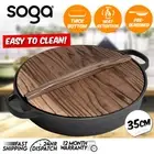 SOGA 35cm Round Cast Iron Deep Baking Pizza Frying Pan Skillet with Wooden Lid