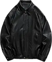 [Generic] Men's Lapel Zip Up Leather Jacket Loose Lapel Motorcycle Leather Jacket Snap Button Bomber Leather Jacket, Black, Medium