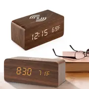 Digital Wooden LED Alarm Clock Clock with Wireless Charger-Brown