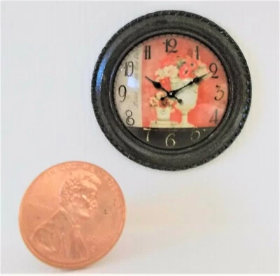 NEW! DOLLHOUSE MINIATURE~ART DECO ANTIQUED BLACK HAND DESIGNED WALL CLOCK Reg$40