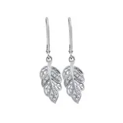 14k White Gold Round Diamond Dangle Leaf Leaves Wire Earrings 1/20 Cttw