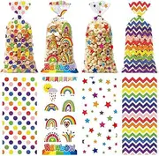 Weforu 100Pcs Cellophane Treat Bags 4 Patterns Plastic Candy Cookie Bags with Twist Ties for Christmas Birthday Wedding Party Favor Bags Goodie Bags(27 * 12.5cm)