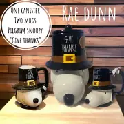 Rae Dunn Peanuts Give Thanks Snoopy Pilgrim Canister & Two Mugs Set Thanksgiving