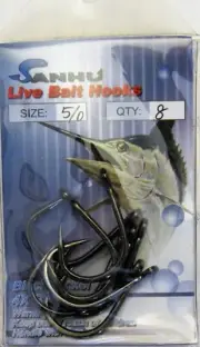 Four (4) Packs Sanhu Fishing 4X Live Bait Fish Hooks 8 Per Pack Size 5/0