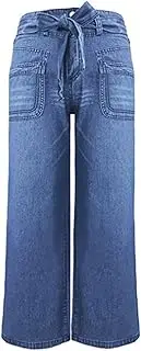 [Generic] Women Mid Waist Lace Up Wide Leg Jeans Cotton Stretch Bell Bottom Jeans Pants Tied Denim Pants with Pockets
