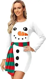 [Fairy Sassy] Snowman Dresses Women Christmas Long Sleeve Dress Xmas Print Funny Bodycon Dress with Scarf