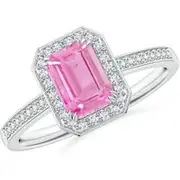 Emerald-Cut Pink Sapphire Engagement Ring with Diamond Halo