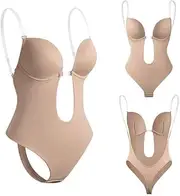 [AIMALL] Sexy Backless Bodysuit for Women, Deep U Plunge Push-Up Bra with Clear Straps, Seamless Thong Body Shaper for Evening and Party Dresses, Adjustable & Invisible Support