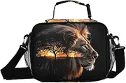 Insulated Lunch Box Lion Grassland Black for Women Men - Ideal for Work, Picnics - Includes Adjustable Shoulder Strap