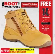 Hard Yakka Y60120 'UTILITY' Work Boots WHEAT Steel Cap Safety. Lace-Up. Zip Side
