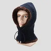 [Generic] Men Women W Balaclava Warm Fleece Knitted Windproof Drawstring Cycling Neck Gaiter Dark Blue One Size