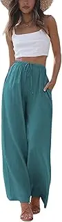 [SCUSTY] Women's Summer Cotton Linen Wide Leg Pants Drawstring High Waist Palazzo Flowy Beach Trousers with Pockets