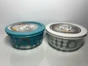 PYREX 100th Anniversary Teal White Glass Containers Polka Dot Vtg SetOf 2 11915