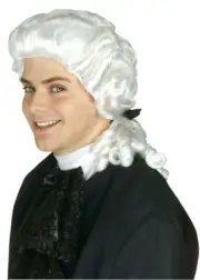 White 18th Century Colonial Peruke Curly Wig with Ponytail