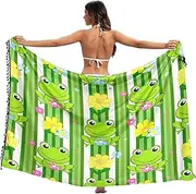 [RPLIFE] Cute Cartoon Frogs Flowers Sarong Wrap Cover Up Tassel Printed Sarongs Beach, Large, Cute Cartoon Frogs Flowers, Large