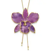 Fashion 24K Gold-Trim Lacquer Dipped Purple Real Cattleya Orchid Slip-On Adjustable Gold-Tone Necklace